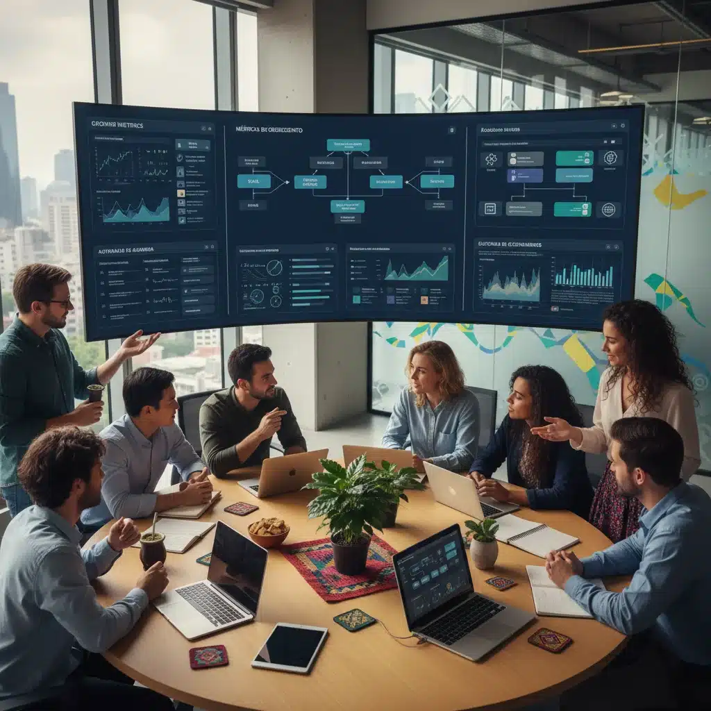 Equipe de marketing colaborando com ferramentas de automação e análise de dados