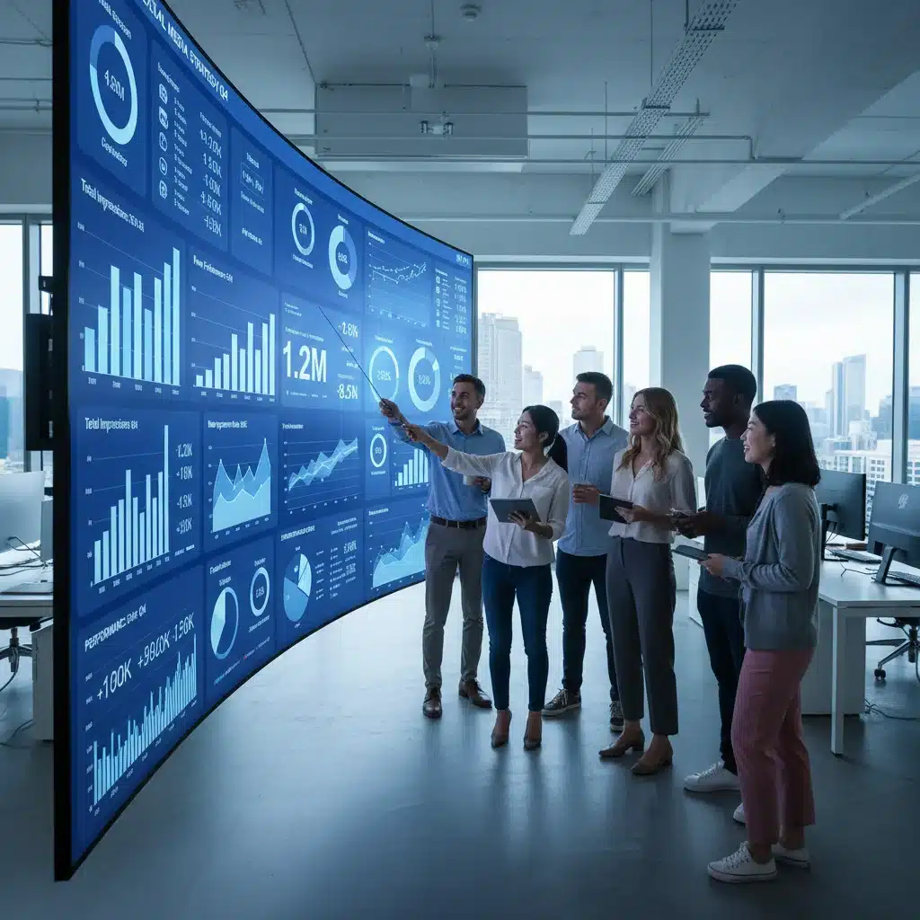 Equipo de marketing analizando métricas de redes sociales en una pantalla grande para optimizar estrategias.