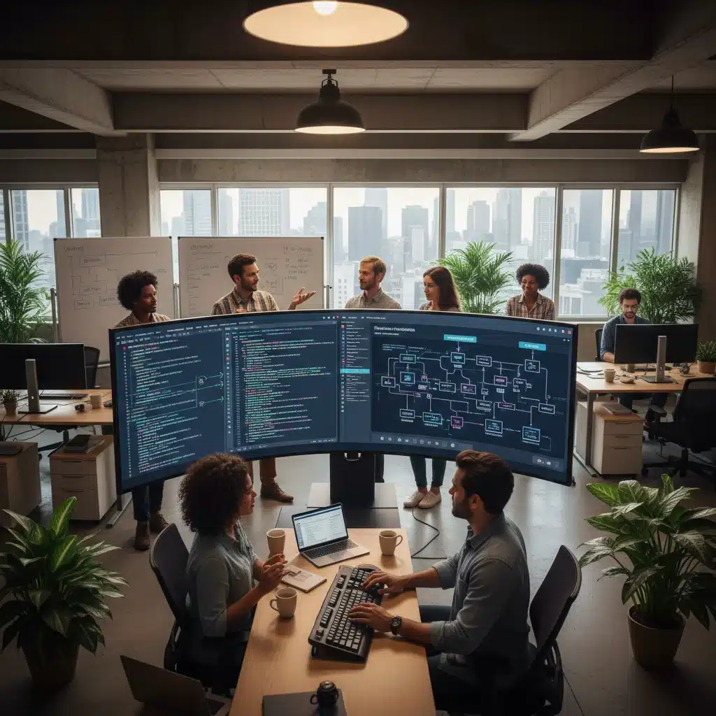 Equipo de desarrollo ágil trabajando con microservicios y DevOps en la nube