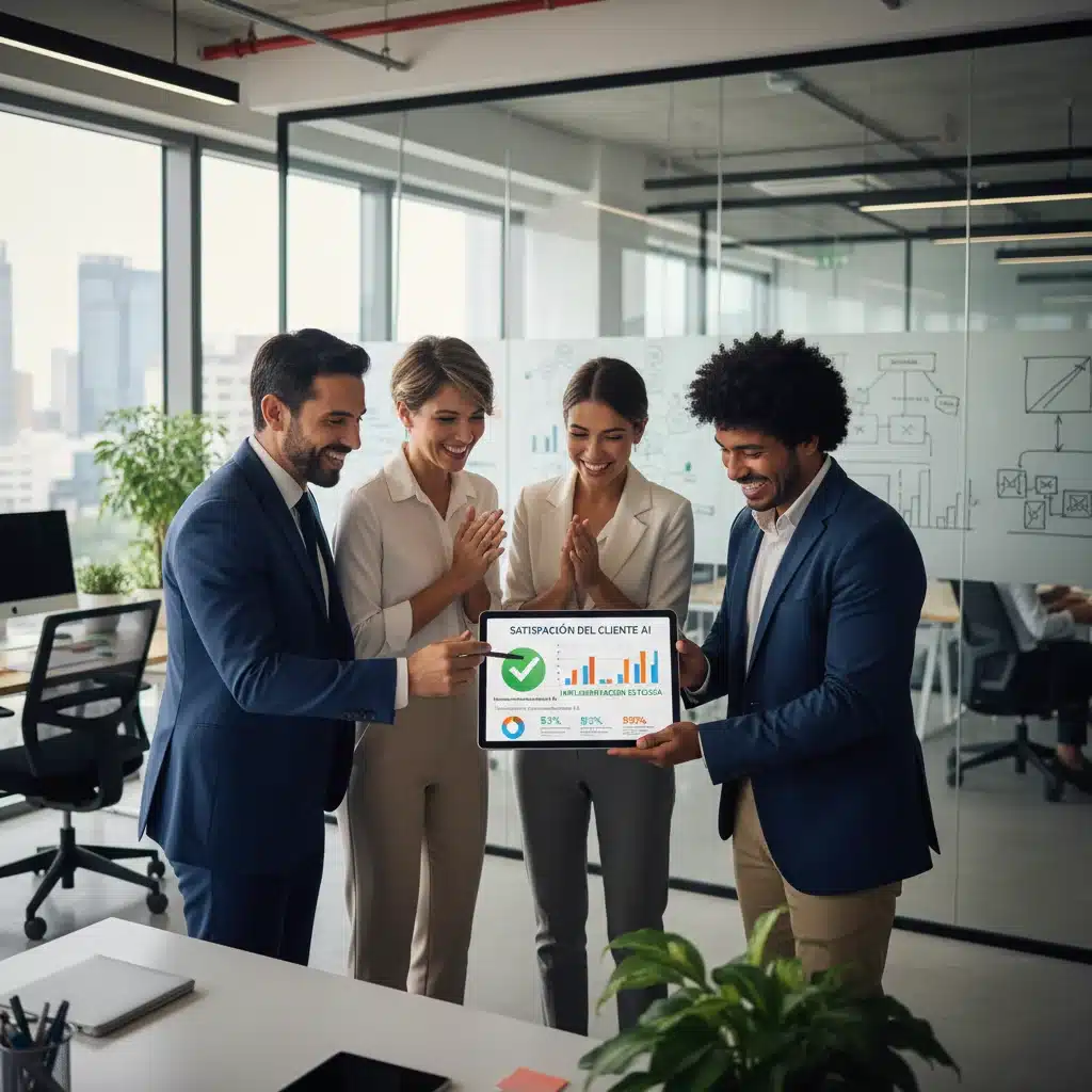 Equipo de profesionales españoles celebrando el éxito de la implementación de IA conversacional