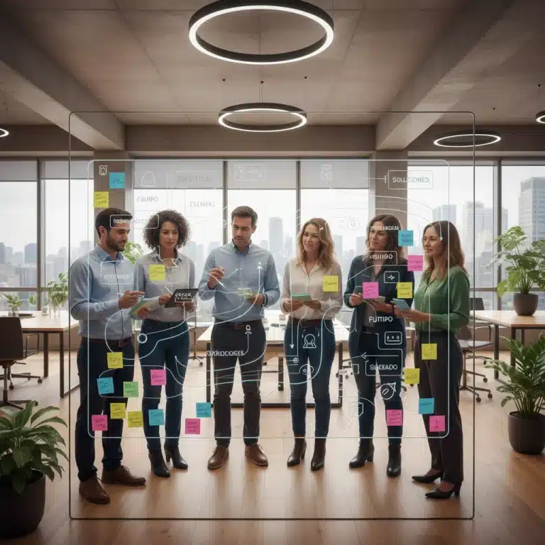 Equipo de profesionales españoles colaborando en una sesión de brainstorming innovadora.