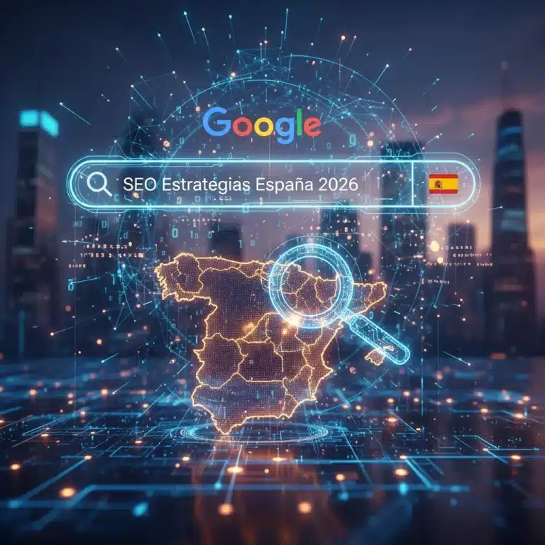 Paisaje digital futurista con elementos SEO y mapa de España para 2026