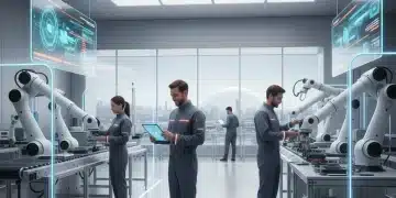 Fábrica española futurista con cobots y operarios trabajando en armonía