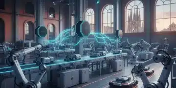 Edge Computing España: Optimiza Decisiones 15% en Industria 4.0 para 2026 Fábrica inteligente española con Edge Computing y robots optimizando procesos en Industria 4.0.