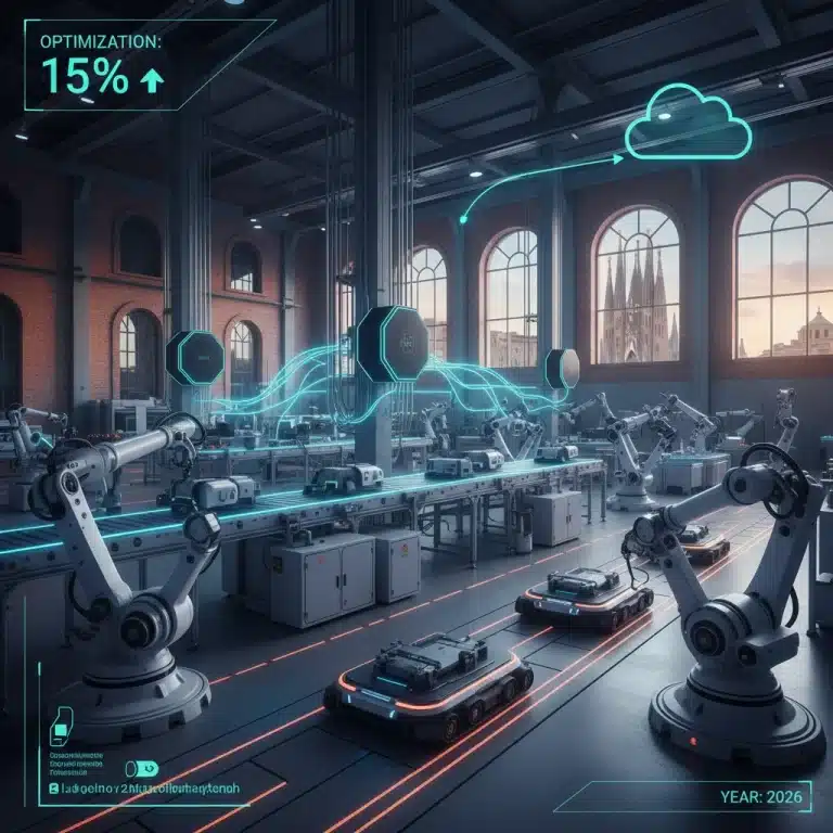 Fábrica inteligente española con Edge Computing y robots optimizando procesos en Industria 4.0.