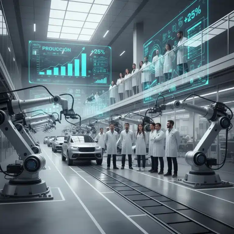 Fábrica inteligente en España con robots automatizados y operarios supervisando la producción en tiempo real.
