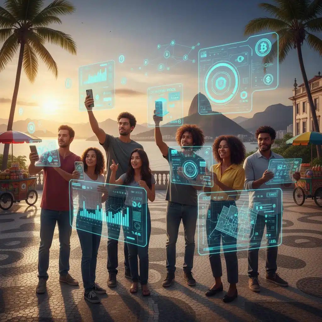 Pessoas utilizando aplicações Web3 de finanças descentralizadas e ativos digitais em dispositivos móveis no Brasil.