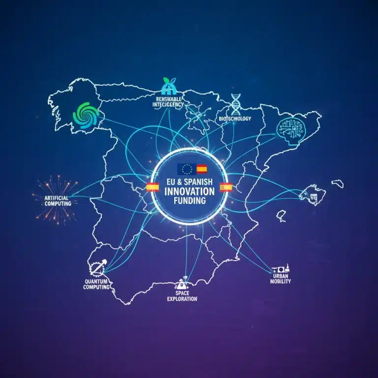 Mapa de España con conexiones de innovación y financiación europea