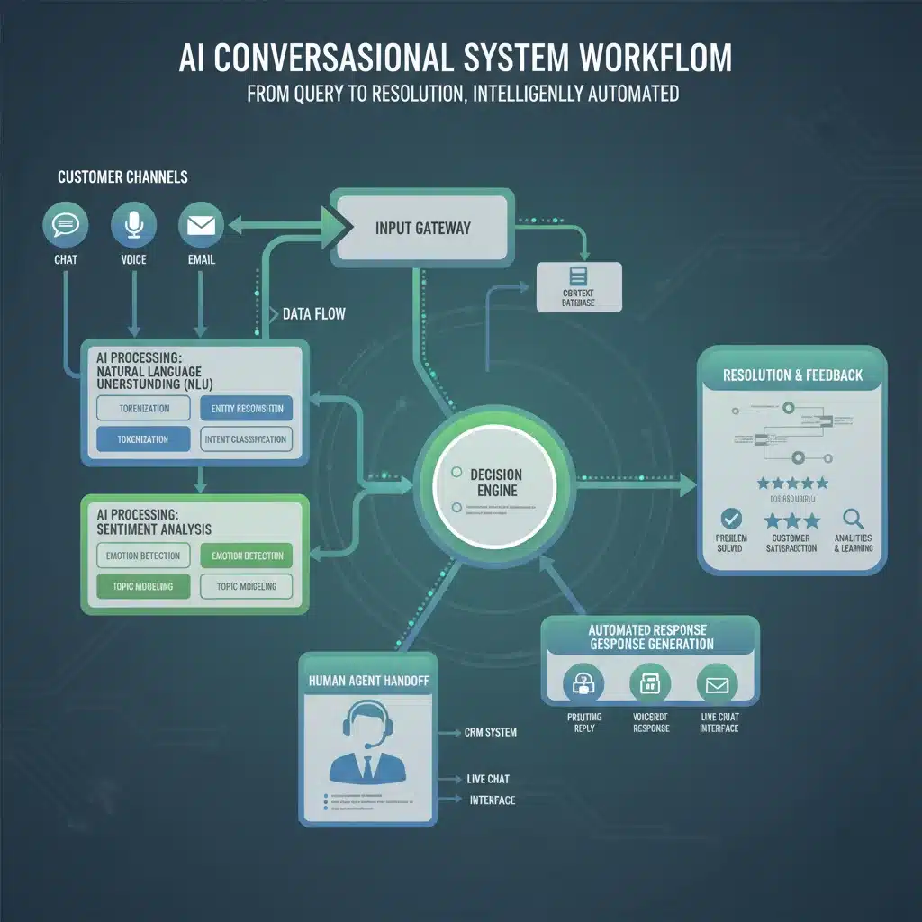 Diagrama de flujo de un sistema de IA conversacional y sus componentes clave