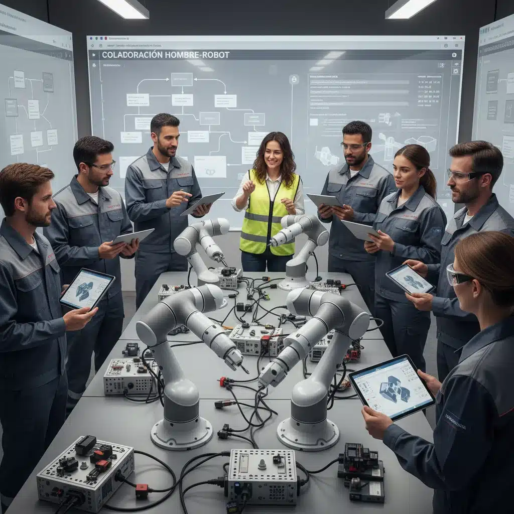Trabajadores españoles formándose en el manejo de nuevos robots colaborativos
