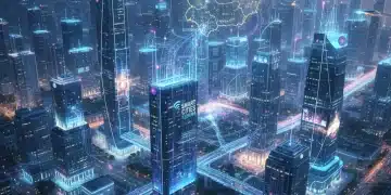 Paisaje urbano futurista con flujos de datos, simbolizando la integración de sensores inteligentes en ciudades españolas.