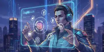 Gestión de Redes Sociales: 7 Herramientas Clave para Reducir el Tiempo de Publicación en 2026 Persona optimizando gestión de redes sociales con herramientas digitales futuristas para ahorrar tiempo en 2026.