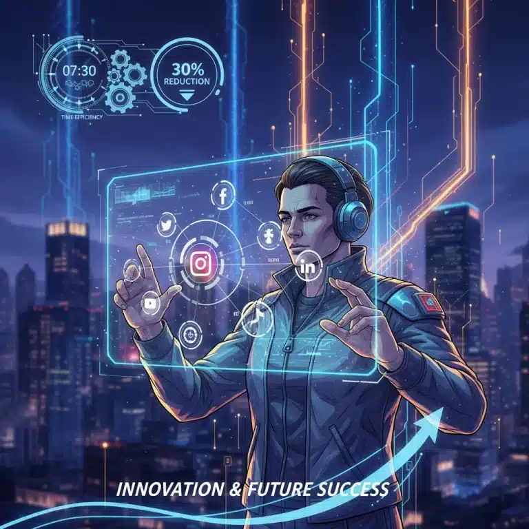 Persona optimizando gestión de redes sociales con herramientas digitales futuristas para ahorrar tiempo en 2026.