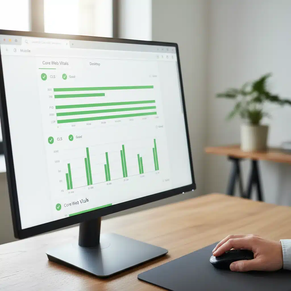 Pantalla de ordenador mostrando el informe de Core Web Vitals en Google Search Console, con indicadores de buen rendimiento.