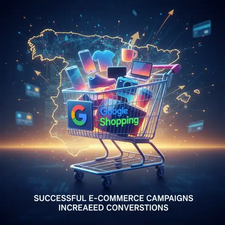 Carrito de compras digital con logos de Google Shopping y mapa de España, simbolizando éxito en eCommerce.