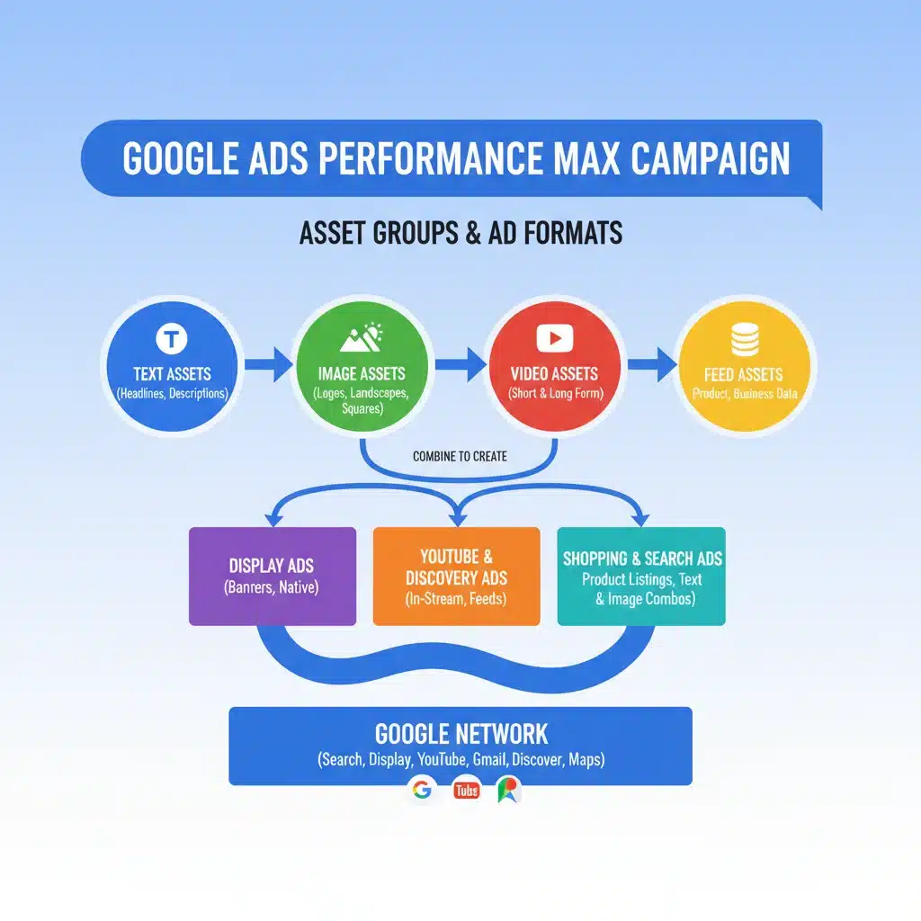 Infografía de grupos de activos de Performance Max de Google Ads mostrando la combinación de elementos para anuncios.
