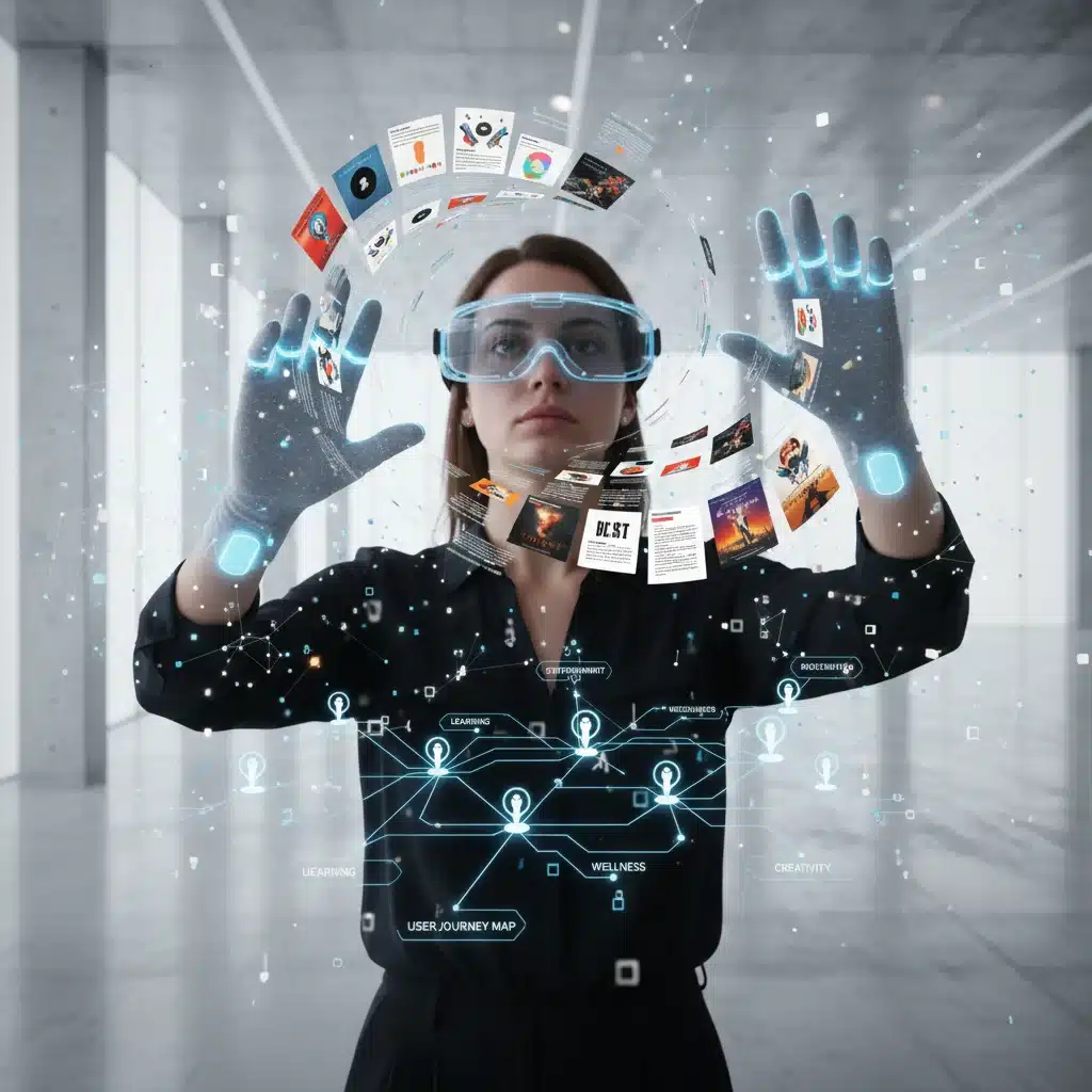 Usuario experimentando contenido hiper-personalizado a través de realidad virtual y hologramas.