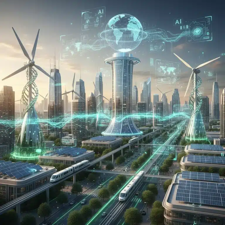 Paisaje urbano futurista con energía verde e interfaces de IA optimizando el consumo energético empresarial.