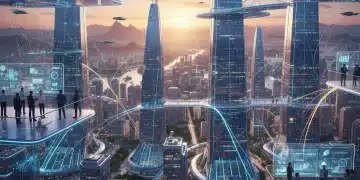 Paisaje urbano futurista de Brasil al atardecer, líneas digitales de innovación abierta.