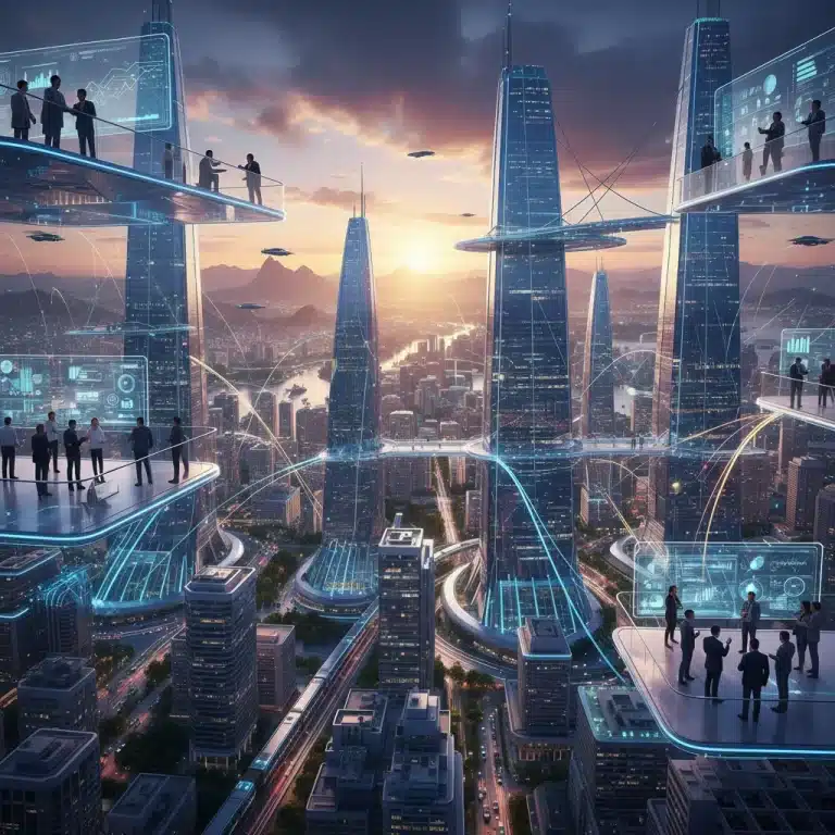 Paisaje urbano futurista de Brasil al atardecer, líneas digitales de innovación abierta.