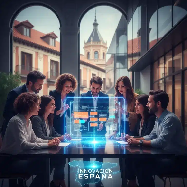 Profesionales innovando modelos de negocio en España con tecnología avanzada.