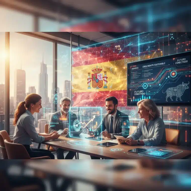 Profesionales innovando en el sector servicios español, usando tecnología y creatividad.