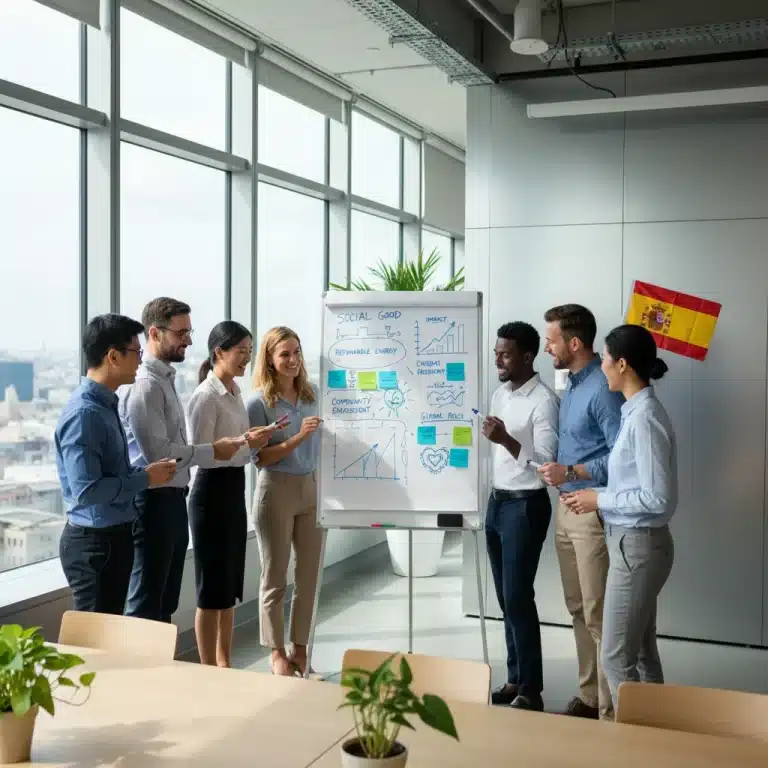 Profesionales colaborando en innovación social para empresas españolas.