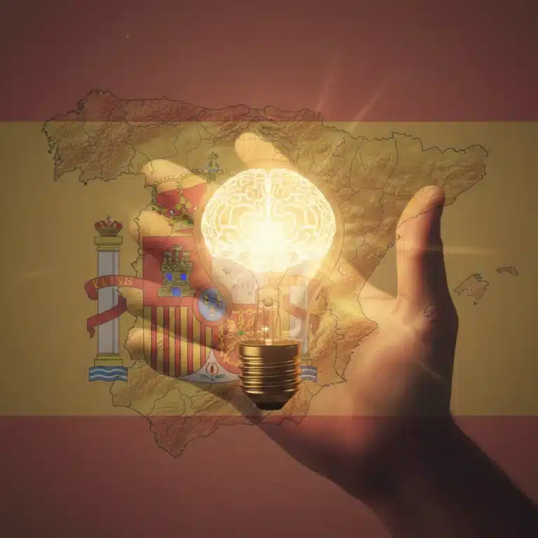 Mano sosteniendo una bombilla brillante, simbolizando una idea protegida, con un mapa sutil de España de fondo.