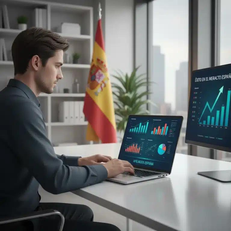 Persona trabajando en marketing de afiliados en España con ordenador y gráficos de crecimiento