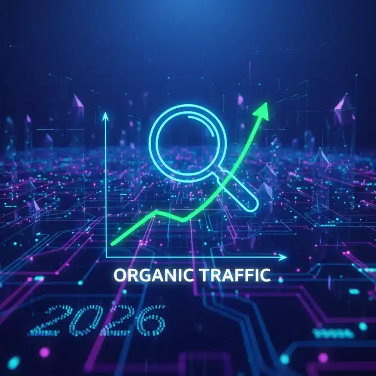 Gráfico futurista mostrando el crecimiento exponencial del tráfico orgánico en marketing de contenido para 2026.