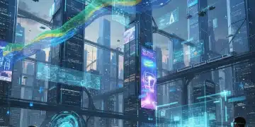 Paisagem urbana futurista com elementos de metaverso e realidade aumentada no Brasil