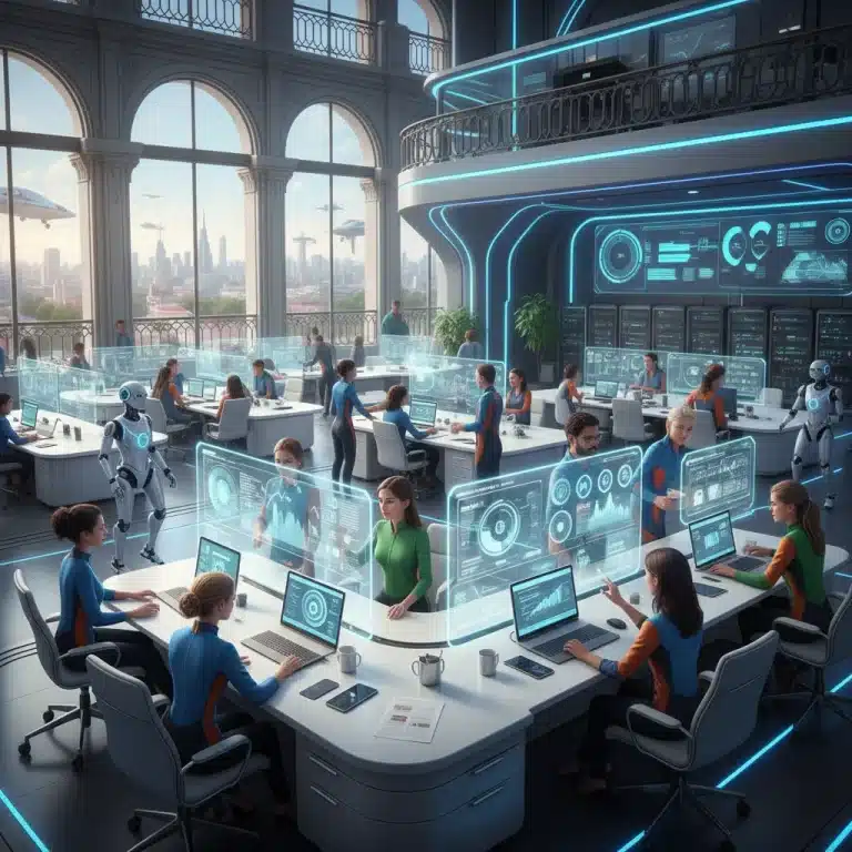 Oficina futurista en España con profesionales y robots integrados en la hiperautomatización.