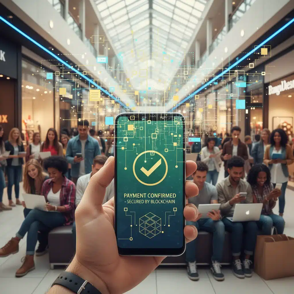Pago seguro con smartphone y tecnología blockchain en el e-commerce brasileño, mostrando confianza del consumidor.