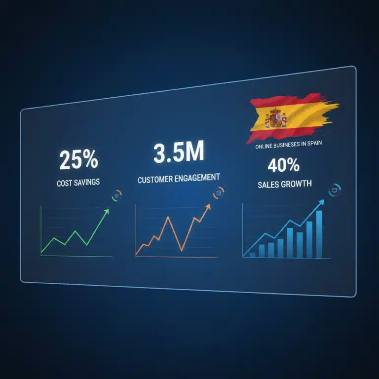 Panel de control de automatización de marketing digital con gráficos de crecimiento y ahorro para negocios online españoles.