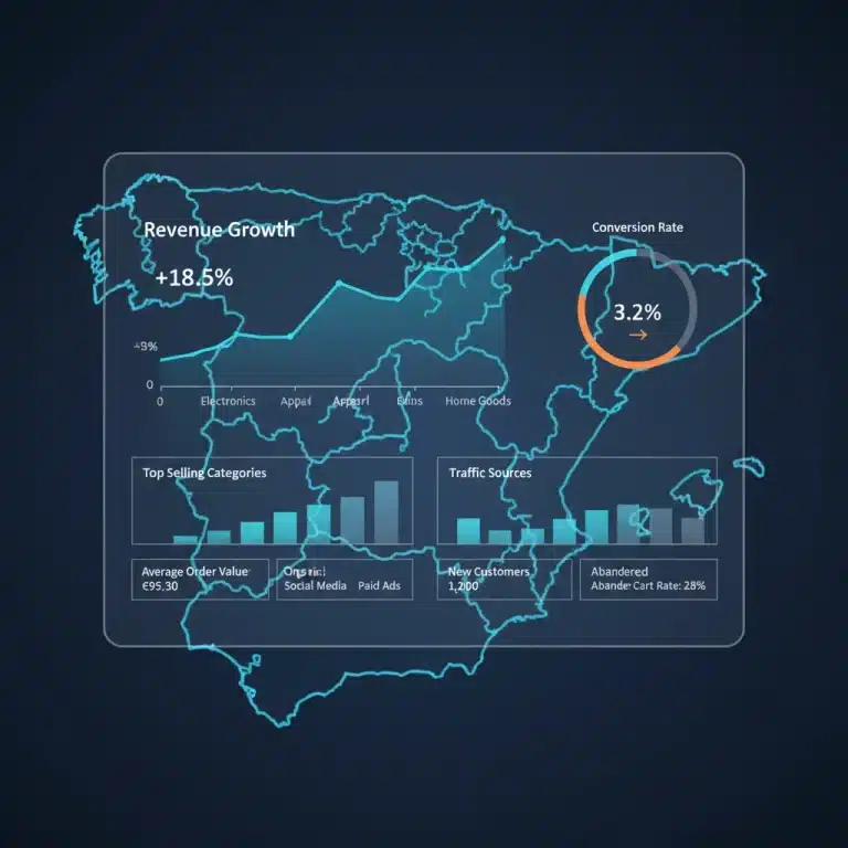 Panel de control digital con métricas de e-commerce y gráficos, con mapa de España de fondo, mostrando análisis de datos para negocios online en España.