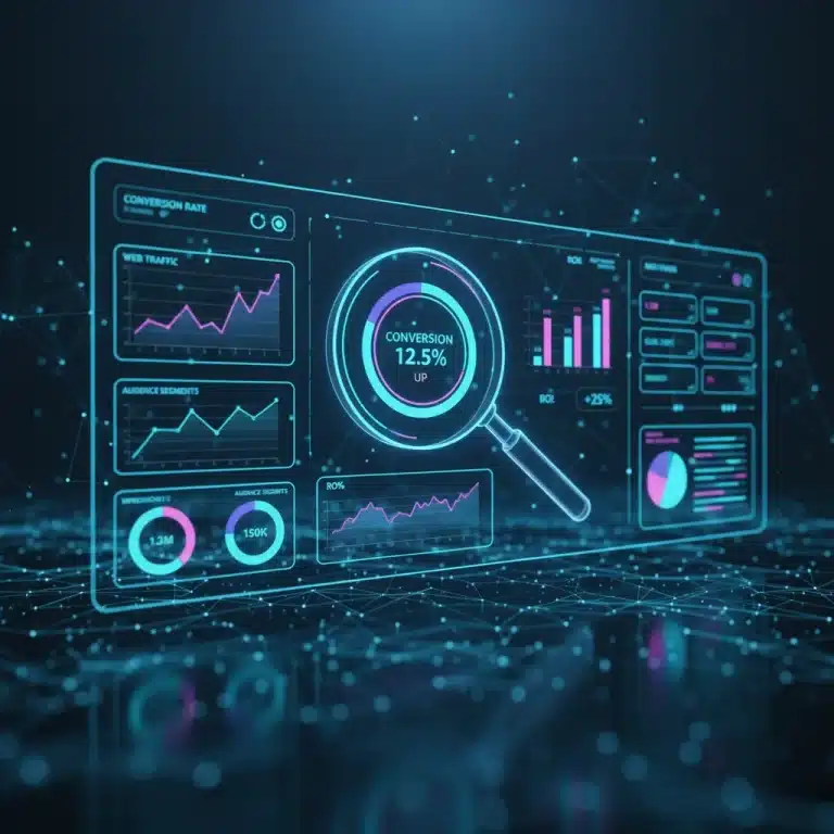 Panel de control digital con métricas de marketing y análisis de datos para optimización.