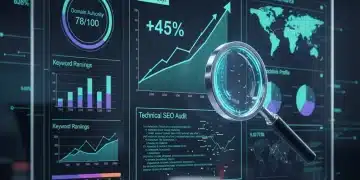 SEO Técnico: 4 Herramientas Clave para Impulsar tu Ranking en 90 Días Panel de control digital con métricas SEO y gráficos de rendimiento web, simbolizando la optimización técnica.