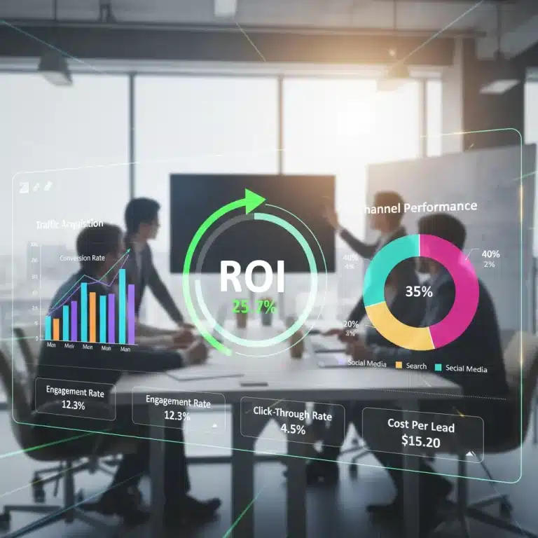 Panel de control de métricas de marketing digital con gráficos y datos clave