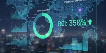Panel de control futurista de Google Ads Performance Max con gráficos de rendimiento y métricas de ROI para 2026.