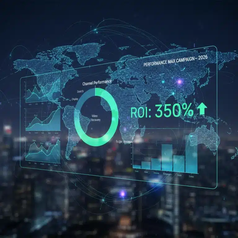 Panel de control futurista de Google Ads Performance Max con gráficos de rendimiento y métricas de ROI para 2026.