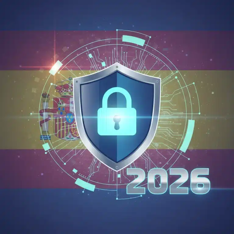 Escudo digital con candado y flujo de datos, simbolizando la privacidad y las nuevas regulaciones de datos en España para 2026.