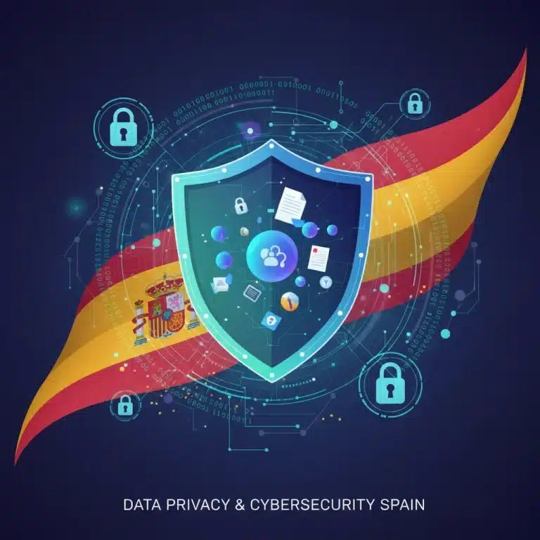 Escudo digital protegiendo datos con elementos de la bandera española, simbolizando la privacidad de datos en España.