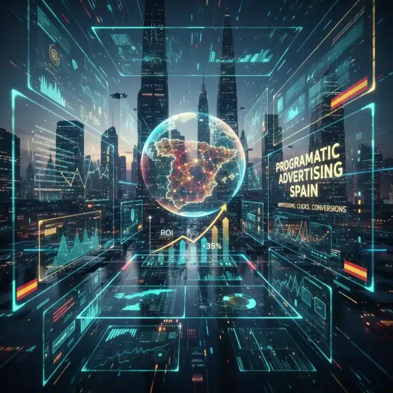 Gráfico digital con elementos de publicidad programática y datos de ROI en España