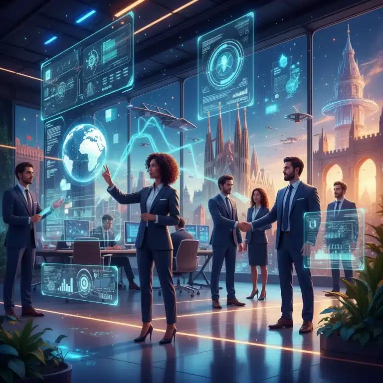 Profesionales españoles interactuando con tecnología de Realidad Extendida en un entorno empresarial innovador.