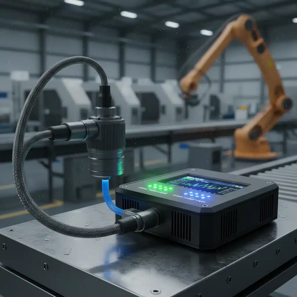 Sensor industrial conectado a dispositivo Edge Computing en entorno de fábrica.