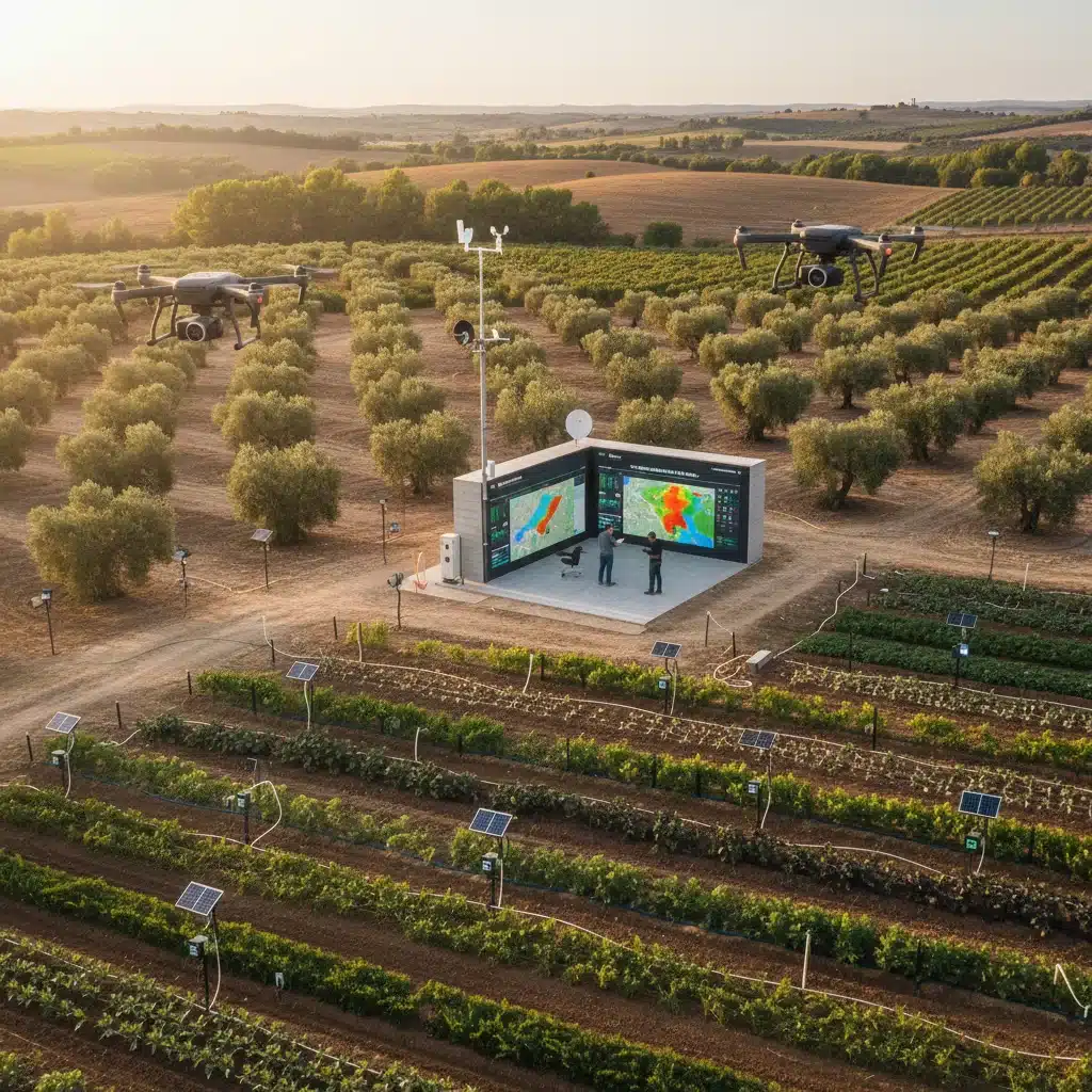 Granja inteligente con sensores de agricultura de precisión en España monitoreando cultivos.