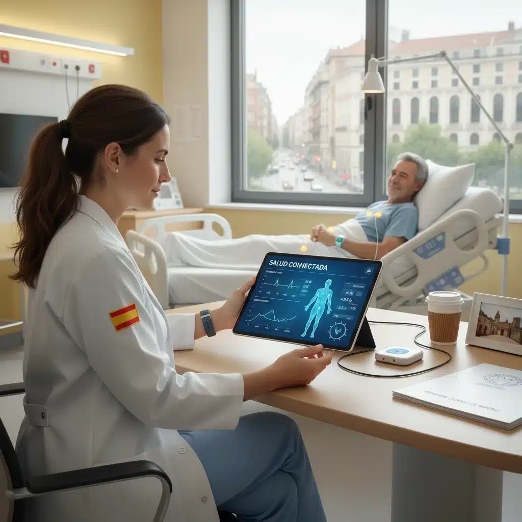 Profesional médico revisando datos de pacientes con sensores wearables en el sector de la salud española.