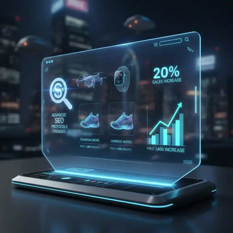 Diseño futurista de eCommerce con elementos holográficos y gráfico de ventas ascendente para 2026.