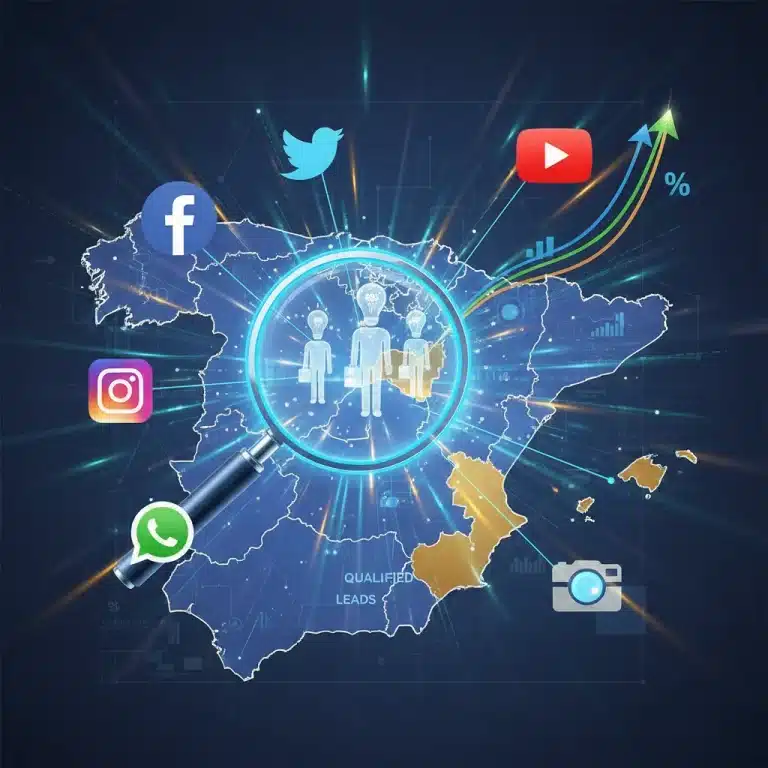 Iconos de redes sociales, lupa buscando leads, y gráfico de crecimiento sobre un mapa de España, representando el social selling.