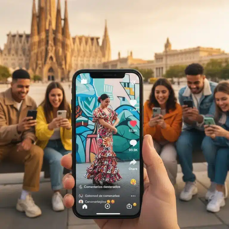 Jóvenes interactuando con TikTok en España, mostrando métricas de engagement y crecimiento de audiencia.